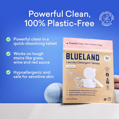 BLUELAND Laundry Detergent Tablets, 120 Count, Plastic-Free Eco-Friendly Pods, Sheets, Liquid Alternative - Fragrance Free and Clear, Natural, Gentle
