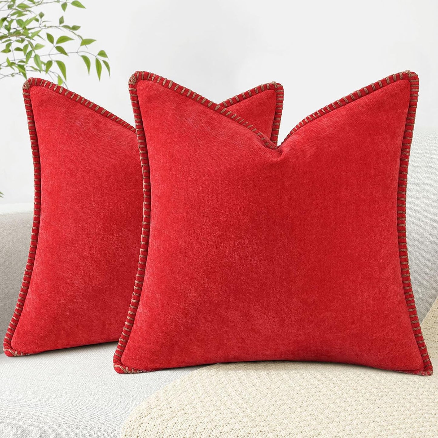 decorUhome Chenille Soft Throw Pillow Covers 20x20 Set of 2, Farmhouse Velvet Neutral Decorative Euro Pillow Covers with Stitched Edge for Couch Sofa Bed Home Decor, Red