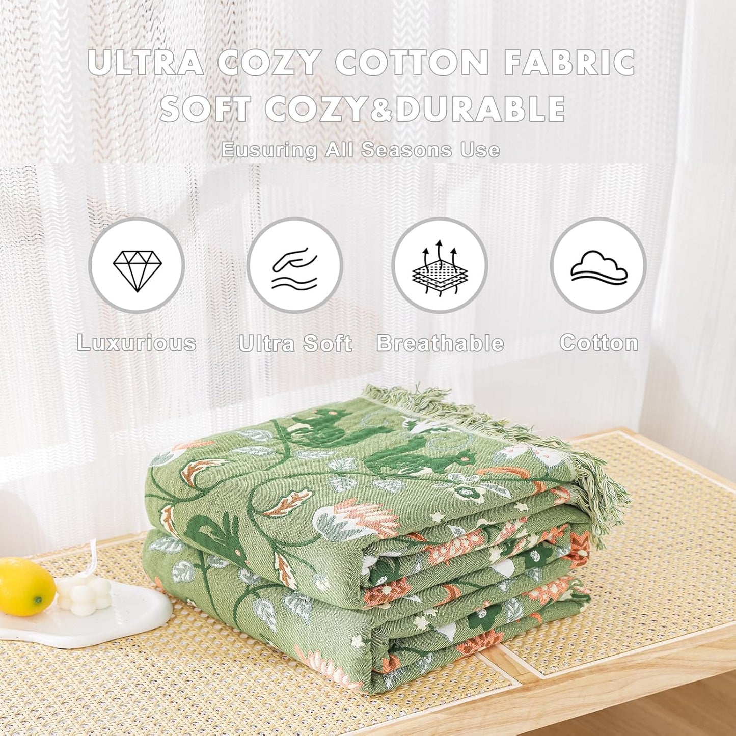 MSGKV Boho Throw Blanket for Couch and Sofa Cotton Blankets for Living Room Bedroom Reversable Florals and Animals Throw 60"x80" Breathable Cozy Blankets