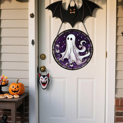 Stained Glass Window Hanging - Halloween Decorations White Ghost Purple Stars Suncatcher for Doors Garden Spooky Funny Sun Catchers Gothic Decor Horror Gifts for Women Men Friend 9.8 in