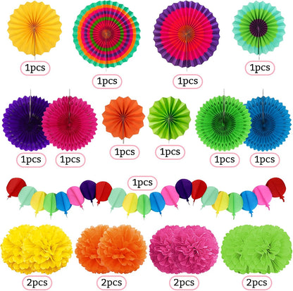 Fiesta Party Decorations, Multicolored Paper Pompoms Fan Garlands for Mexican Party Cinco De Mayo Luau Event Birthday Holi Decorations Colorful Rainbow Party Supplies