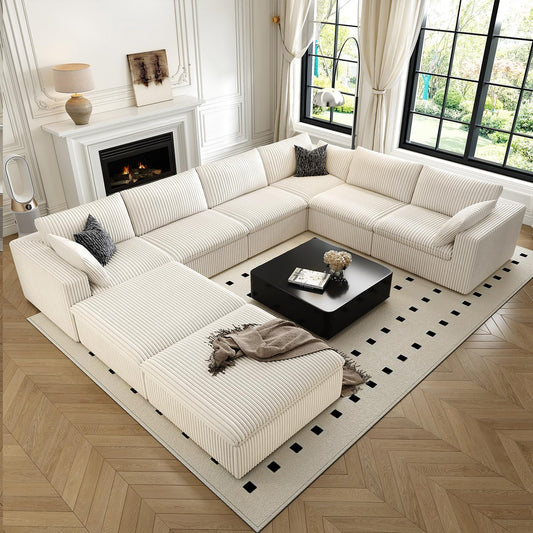 157.5" Cloud Couch Oversized Modular Sectional Sofa for Living Room,Modern Sofa with Deep Seat，8 Seater Boneless Couch with 2 Ottoman,Comfy Upholstered Couches for Apartment, Studio, Office,White