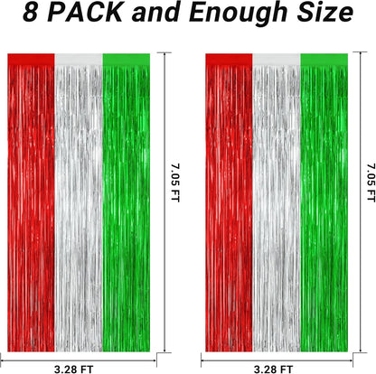 8 Pack Christmas Photo Backdrop, 3.28 FT x 7.05 FT Red Silver Green Party Streamer, Metallic Foil Fringe Curtains Tinsel Backdrop, Christmas Photo Booth Props Door Decor Party Supplies