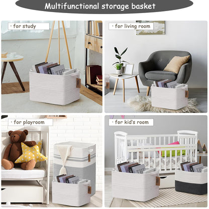 COMFY-HOMI Cotton Rope Woven Basket with Handles for Shelves,Toys,Book, Cloth Storage Baskets Bin for Organizing-13.5"x11"x9.5" Toy Decorative Organizer for Living Room, Bathroom-All White