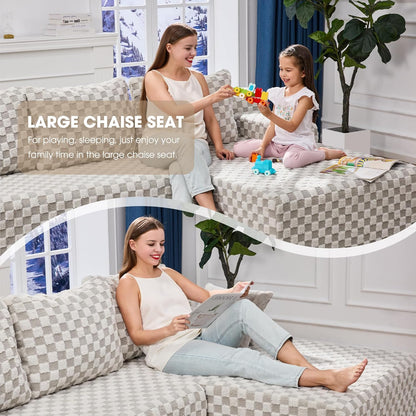 Hobestluk 96“ Modular Sectional Sofa Couches L-Shape Couch 3 Seat Modular Sofa Sectional Couches for Living Room, Cloud Couch with Oversized Chaise (Greygreen, Checked (Right Facing Chaise))