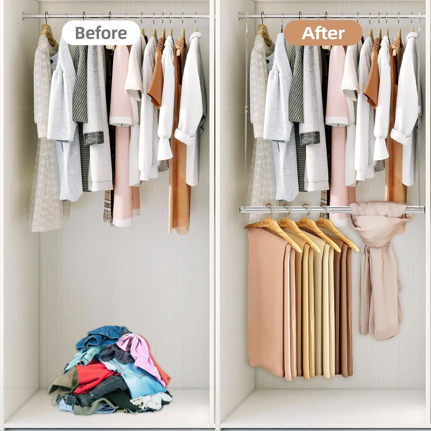 STORAGE MANIAC Hanging Closet Rod, Adjustable Width and Height Closet Hanging Organizer, Space-Saving Clothes Hanging Bar, Closet Extender Hanging Rod Double Closet Hanging Rod, 2 Pack Chrome