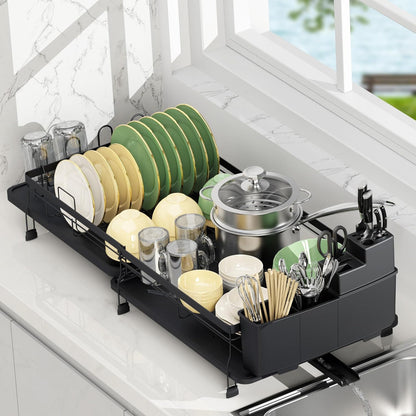 ROTTOGOON Expandable Dish Drying Rack,Multifunctional Adjustable Dish Drainer with Swivel Spout and Anti-Rust Dish Rack with Removable Cutlery & Cup Holders for Kitchen Counter,Black