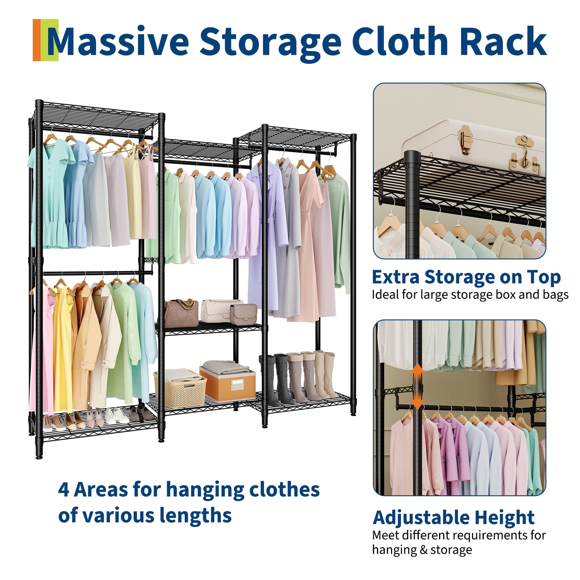 Garvee Clothes Rack Heavy Duty Freestanding 4 Hanging Rods Adjustable