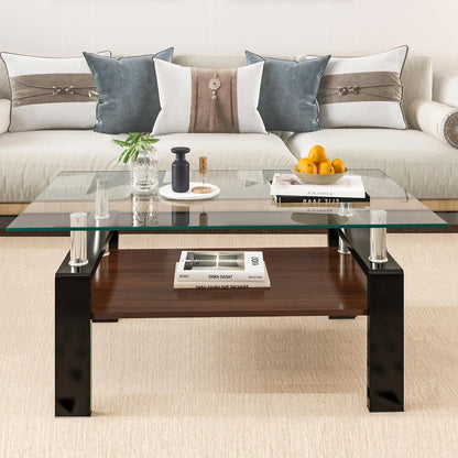 Tempered Glass Coffee Table Rectangle Living Room Center Table, with 39" Clear Top and Brown MDF Layer Black Metal Leg, for Small Space Apartment, Transparent+Brown