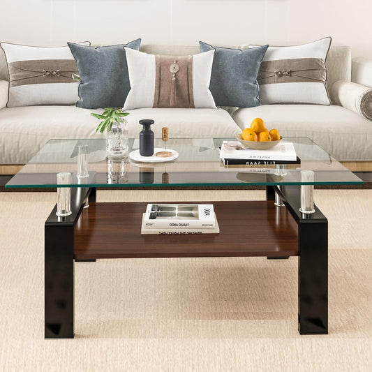 Tempered Glass Coffee Table Rectangle Living Room Center Table, with 39" Clear Top and Brown MDF Layer Black Metal Leg, for Small Space Apartment, Transparent+Brown