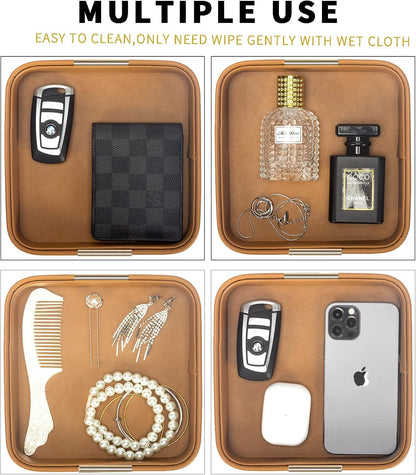 SANZIE Luxury Leather Desktop Storage Small Catchall Organizer Decorative Tray for Entryway Table to Hold Jewelry Watch Cosmetics Keys Phone Wallet, Home & Office Accessories (Metal Glided, Orange)