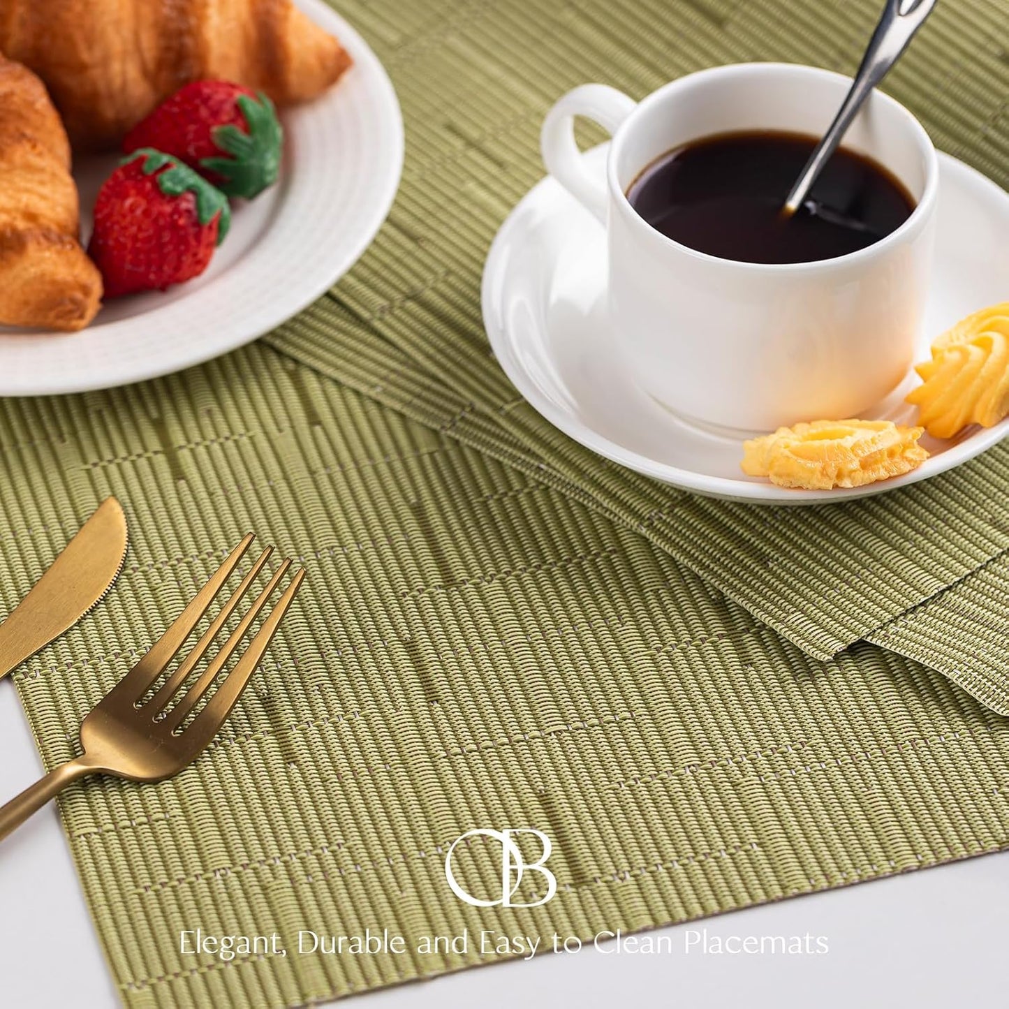 Placemats Set of 6 - Easy Clean Woven Vinyl Placemats for Dining Table, Indoor/Outdoor Place Mats, Washable PVC Table Mats （Pea Green）