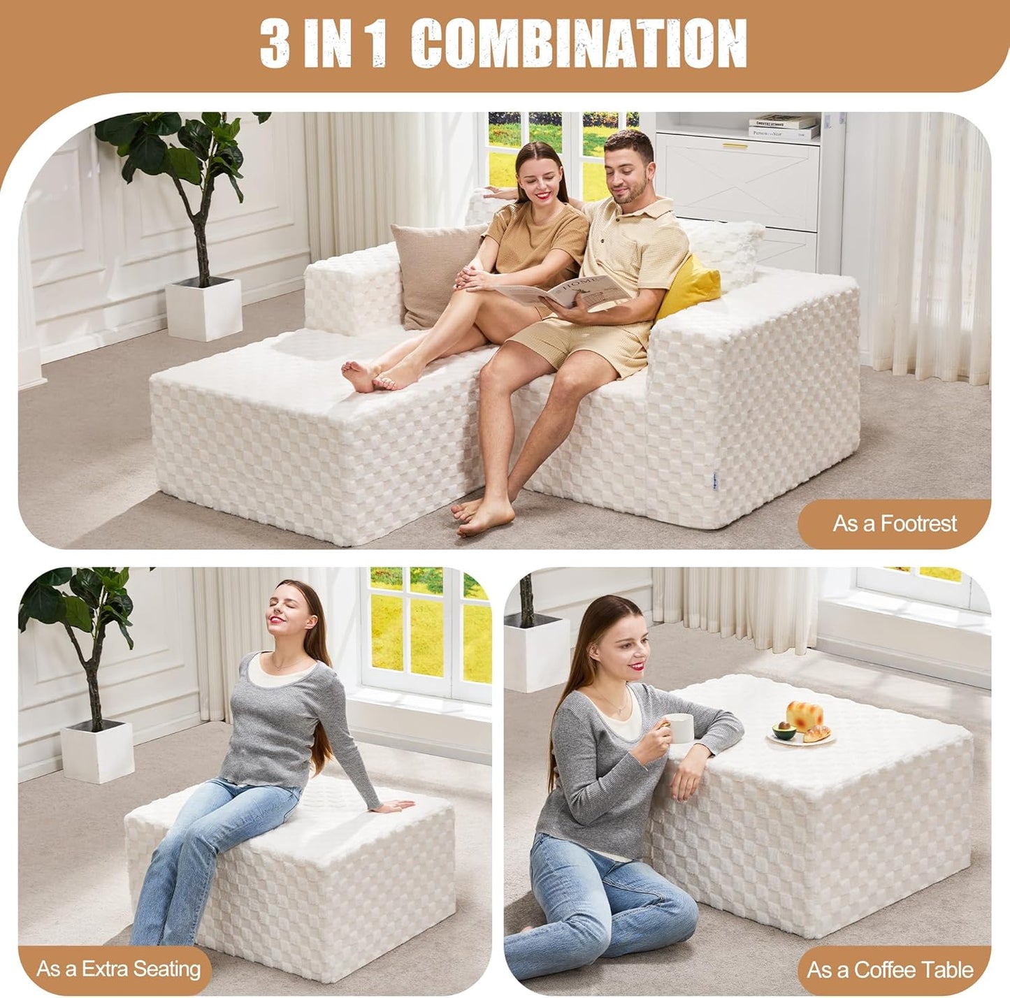 Hobestluk Rectangle Ottoman Memory Foam Footrest for Couch with Removable Cover Large Floor Seating for Adults Ottoman Coffee Table for Living Room, Bedroom or Office (Plush White, Footrest)