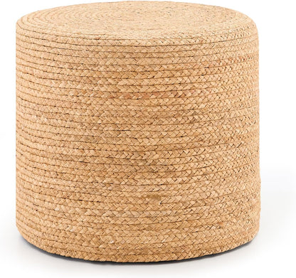 Handwoven Ottoman Pouf, Natural Water Hyacinth Footstool, Round Braided Outdoor Seat with Sturdy Frame, Boho Accent Stool for Patio, Balcony, or Garden (Natural)