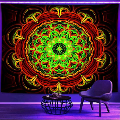 Blacklight Mandala Tapestry Wall Hanging, Psychedelic Black Light Posters for Adults and Teens, UV Reactive Aesthetic Golden Art for Bedroom (60 x 50 Inches)