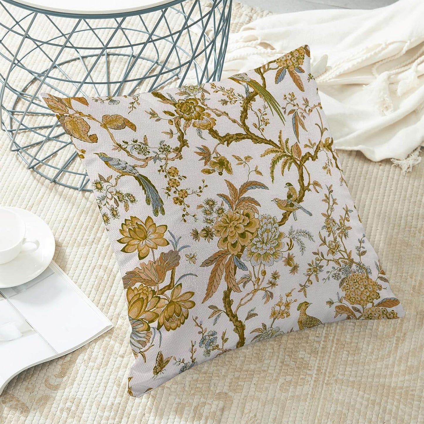 CXMEIFLY Summer Floral Birds Pillow Covers 16 x 16 Inch Set of 2 for Chinoiserie Flowers Spring Decor Throw Pillows Mustard Yellow Plant Outdoor Decorative Cushion Cases for Couch Bed Decorations