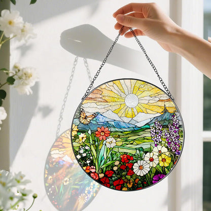 8 Inch Mountain Wildflowers Stained Glass Suncatcher, Suncatchers for Windows Hanging, Window Decor, Grandma Mom Gift for Her, Mother's Day Christmas Birthday