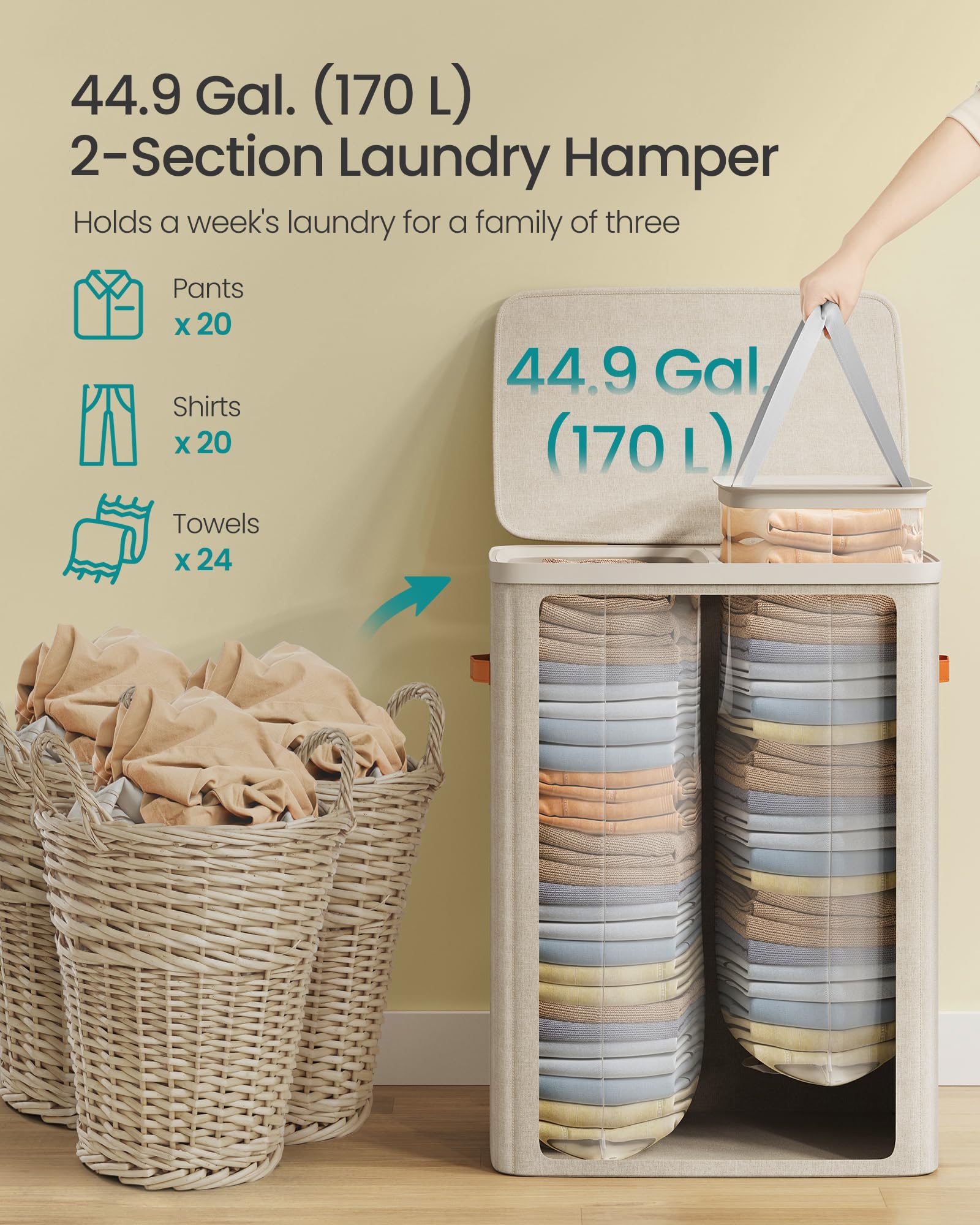 SONGMICS Laundry Basket, 44.9 Gal. Laundry Hamper, 2 Compartments, Easy Assembly, with Lid and