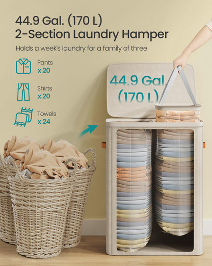 SONGMICS Laundry Basket, 44.9 Gal. Laundry Hamper, 2 Compartments, Easy Assembly, with Lid and