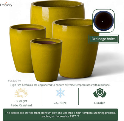 Emissary Home and Garden Bullet 11.5 in. Mustard Yellow Ceramic Round Planter (11.5 in. L x 11.5 in. W x 14 in. H) with Drainage Hole