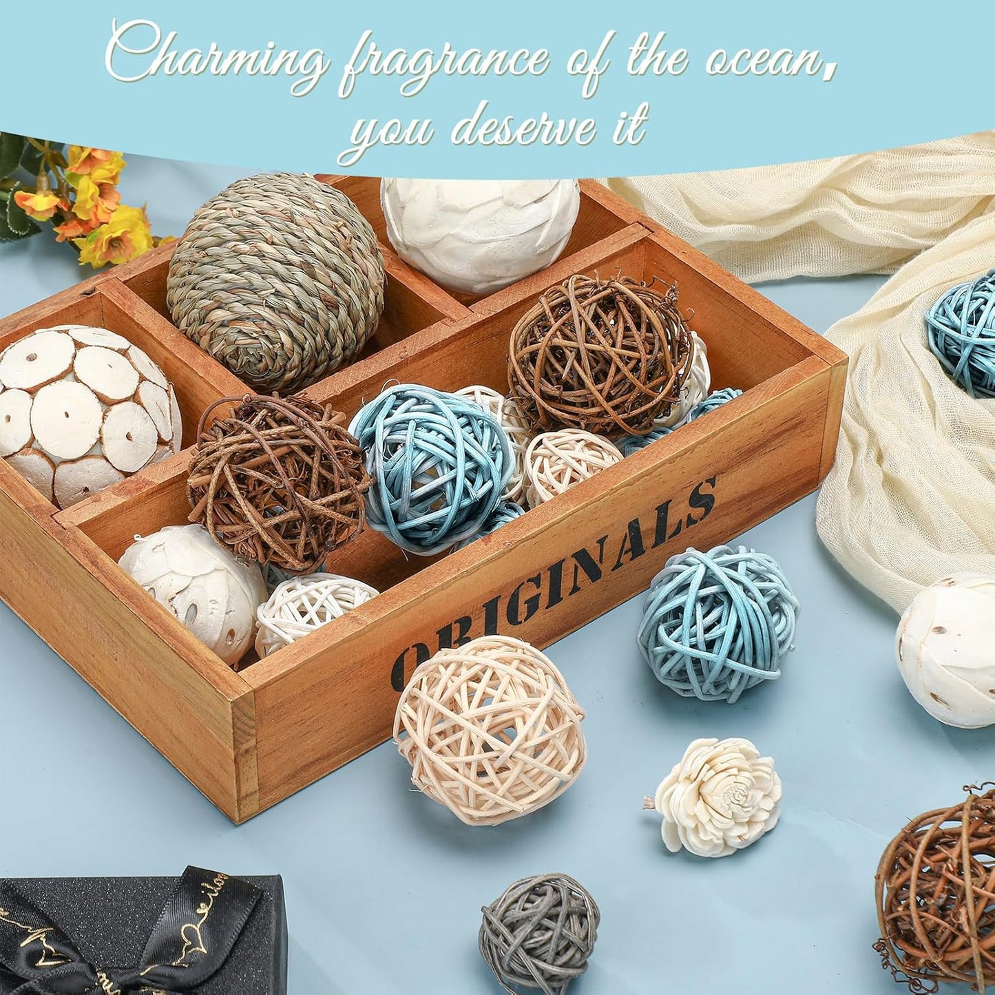 Riceshoot 2 Pack Decorative Balls Potpourri Bowl Filler Decor Natural Vase Bowl Filler Assorted Spherical Rattan Twigs Wicker Balls Cotton for Home Centerpiece(Blue)