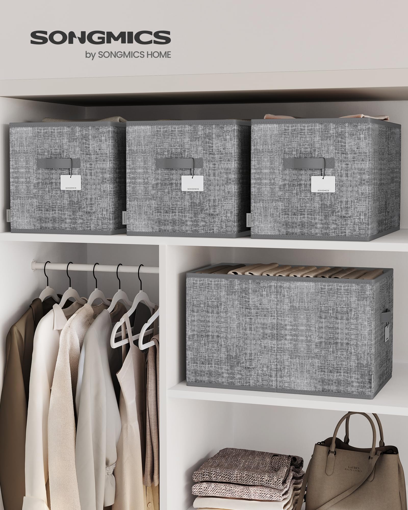 SONGMICS Storage Baskets, Set of 3, Foldable Closet Organizer for Shelves