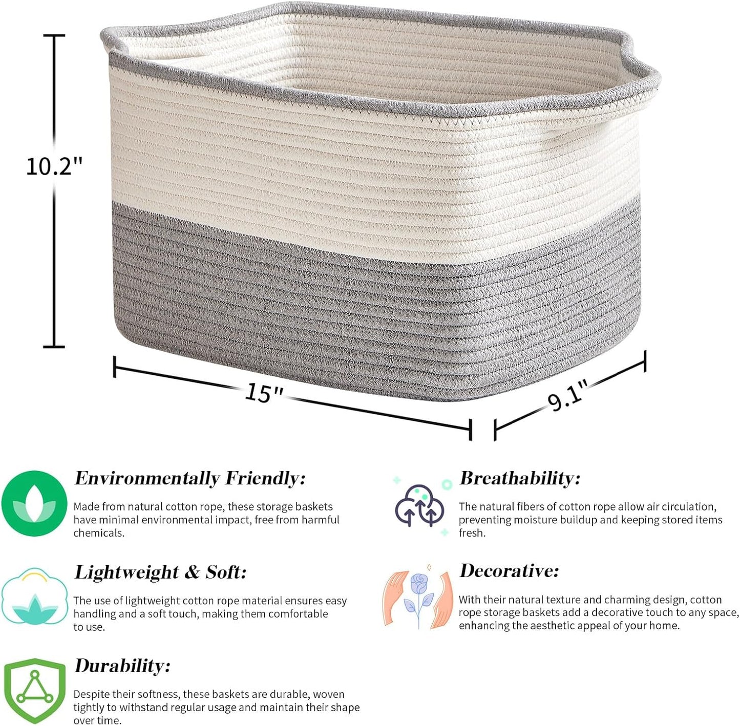 Cotton Rope Storage Basket Set of 3 (15"x10.2"x9.1") - Rectangle Storage Bins - Versatile Toy Storage Organizer - Perfect for Kids, Dog Toys, Books, Shelves - White & Grey