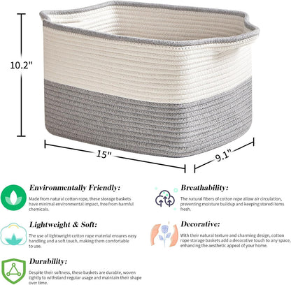 Cotton Rope Storage Basket Set of 3 (15"x10.2"x9.1") - Rectangle Storage Bins - Versatile Toy Storage Organizer - Perfect for Kids, Dog Toys, Books, Shelves - White & Grey