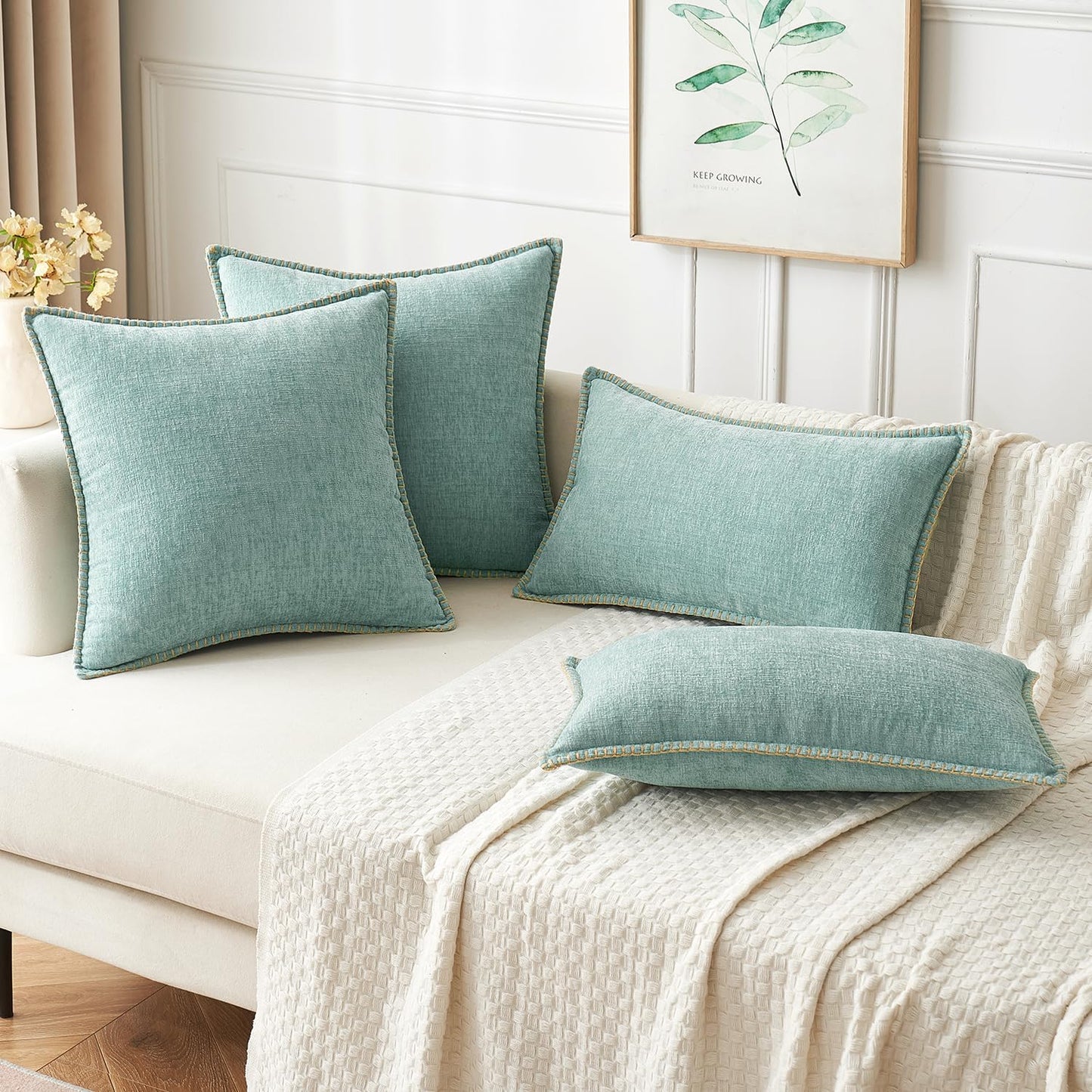 MIULEE Pack of 2 Couch Throw Pillow Covers 16x16 Inch Aqua Green Farmhouse Decorative Pillow Covers with Stitched Edge Soft Chenille Solid Dyed Spring Pillow Covers for Sofa Bed Living Room