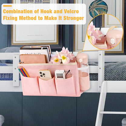 Bedside Organizer with Fixed Straps and Water Bottle Holder for Home, College, Dorm, Bunk, Hospital, Crib, Bed Rails - Pink