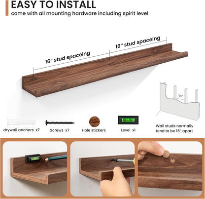 Fun Memories Picture Ledge Shelves Set of 2, 36 Inch Rustic Wall Mounted Floating Shelves with Lip for Home Storage and Décor in Bathroom, Kitchen, Nursery, Bedroom, Living Room, Walnut