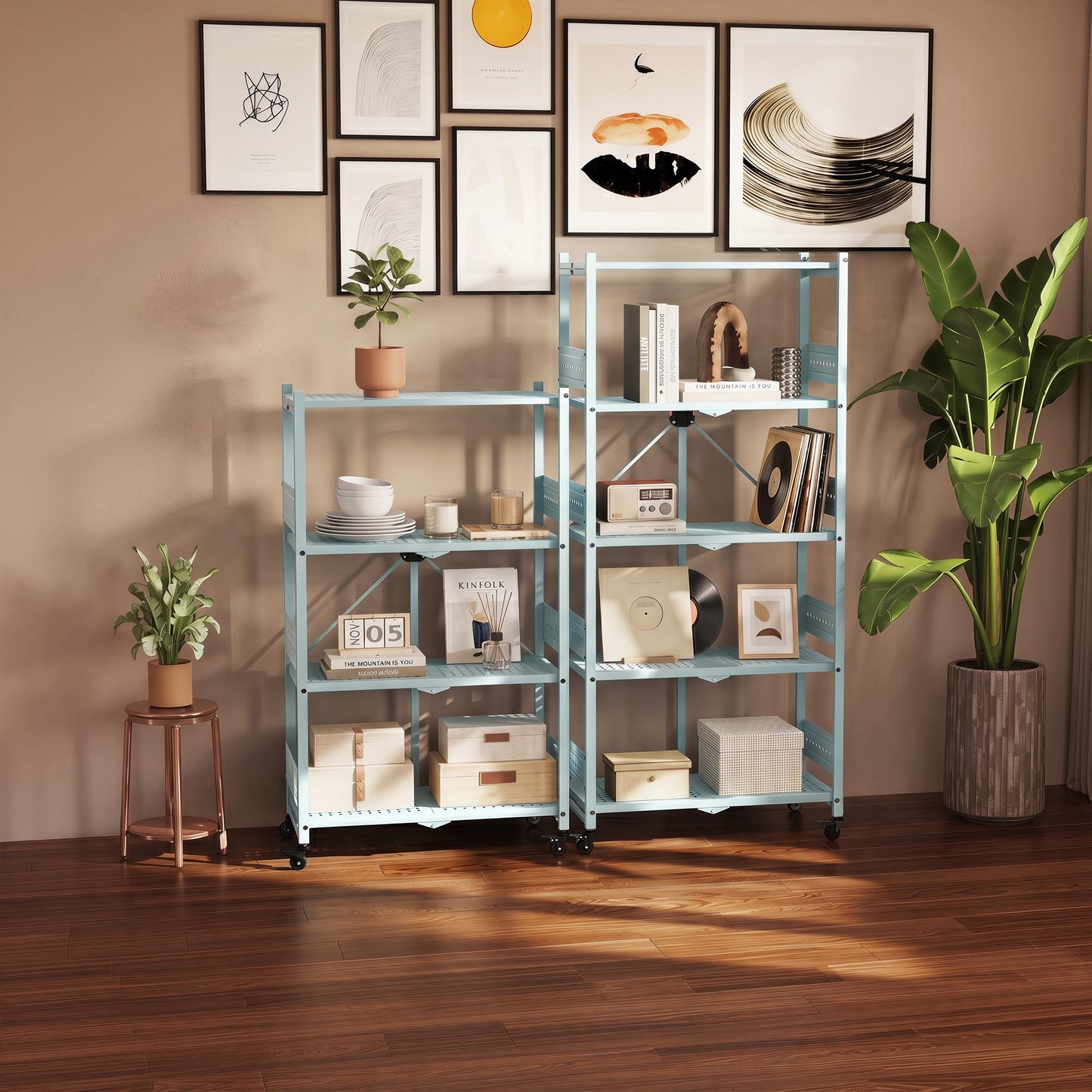 WORKPRO 5-Tier Folding Shelf, No-Assembly Metal Storage Rack with Wheels, 750 lbs Capacity (with