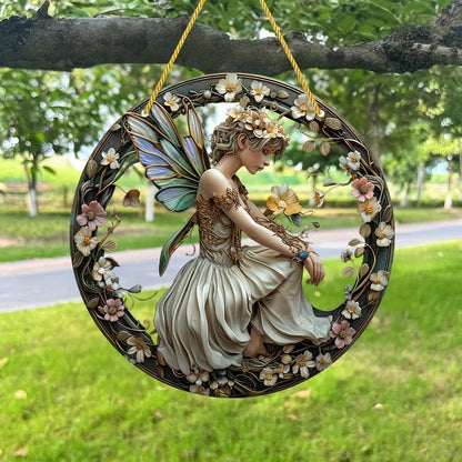Flower Fairy Garden Decorations Angel Wing Christmas Halloween Deco Statue Art Elf Sculpture Hanging Craft for Outdoor Yard Courtyard Lawn Patio Window Acrylic Ornament Home Gift (B,L: 8*8 IN)