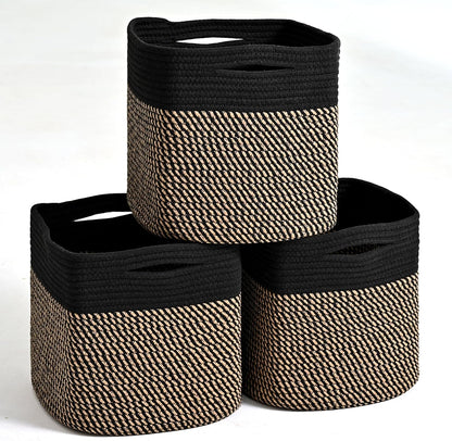 11 Inch Cube Storage Bins, Storage Cube Organizer Bins, Woven Cotton Rope Baskets for Storage, Storage Basket for Organizing Shelves, Square Baskets for Toys Nursery, Black & Jute (Pack of 3)
