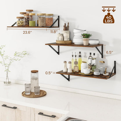 Heimlove 24" W x 12" D Wall Shelves for Books, 12 Inch Deep Floating Shelves Set of 3, Wide Floating Bookshelf with Metal Bracket for Living Room, Kitchen, Office, Bedroom and Decor - Rustic Brown