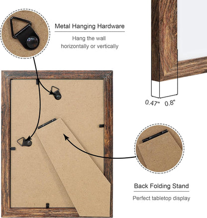 5x7 Picture Frame Set of 4, 5 x 7 Wood Photo Frames with Mat for 4x6, Natural Wooden Frame with Real Glass Cover for Wall and Tabletop Display,Rustic Brown