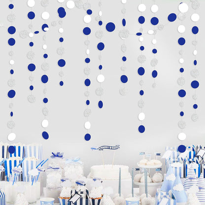 46 Feet Navy Blue White and Silver Circle Dots Garland Royal Blue Hanging Paper Polka Dots Streamer for Birthday Wedding Bridal Baby Shower Nautical Ahoy Achor Pirate Theme Party Decorations Supplies