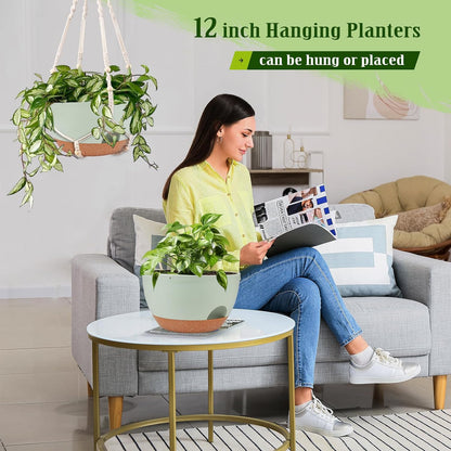 Hanging Planters for Outdoor Indoor Plants, 2 Pack 12 Inch Hanging Basket Plants Outdoor, Self Watering Hanging Planter with Plant Hanger for Garden Home Decoration (2 Type Plant Hangers Green)