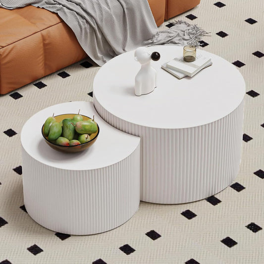 Round Nesting Coffee Table Wood Drum Nesting Tables Modern Stacking Coffee Table Set of 2 Fluted