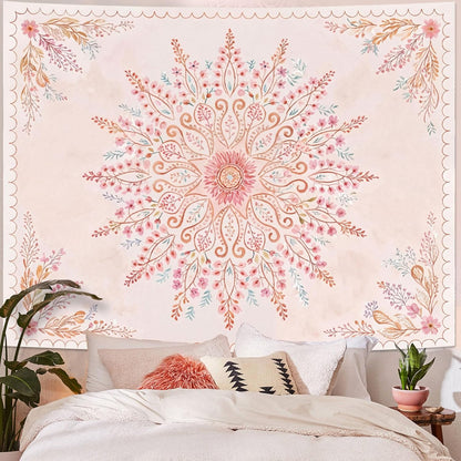 Lunerfex Floral Mandala Tapestry Boho Tapestry for Bedroom Pink Tapestries Wall Hanging Living Room Wall Art and Home Decor 44x60