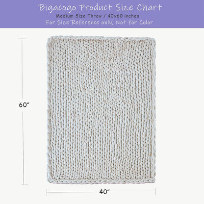 Bigacogo Chunky Knit Throw Blanket for Couch, 40x60 inches, 100% Hand Knitted with Thick Jumbo Chenille Yarn, Cozy Soft Large Rope Knot Cable Crochet Blankets for Sofa Bed Living Room, White