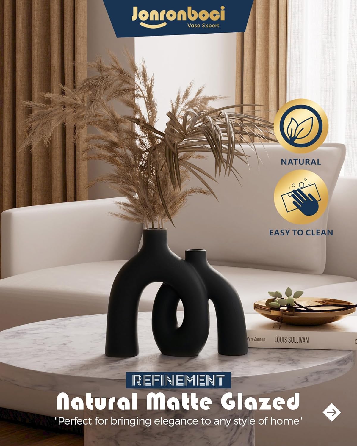 Matte Black Vase Set - Hug Hollow Donut Aesthetic Ceramic Vases Home Decor, Modern Nordic Minimalist Decorative Vase for Table Centerpiece Bookshelf Office Entryway Console Fireplace (Black)