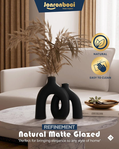 Matte Black Vase Set - Hug Hollow Donut Aesthetic Ceramic Vases Home Decor, Modern Nordic Minimalist Decorative Vase for Table Centerpiece Bookshelf Office Entryway Console Fireplace (Black)