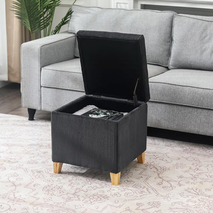 Adeco 18 Inch High Faux Fur Grey Cube Ottoman Storage, Fluffy Striped Velvet Chair Foot Stools, Small Bench Upholstered Vanity Stool with Hinged Lid, Solid Wood Legs