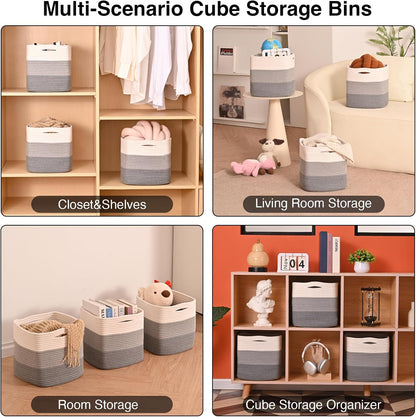 11 Inch Cube Storage Bins, Storage Cube Organizer Bins, Woven Cotton Rope Basket for Storage, Storage Baskets for Organizing Shelves, Grey Baskets for Toys, Gradient Grey (Pack of 3)