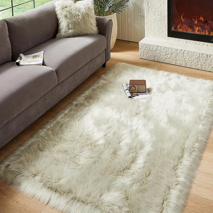 AMTOVO Faux Fur Sheepskin Rug for Living Room, 4 x 6 ft Light Grey Fluffy Area Rug for Bedroom, Playroom, Luxury Room Decor, Rectangle