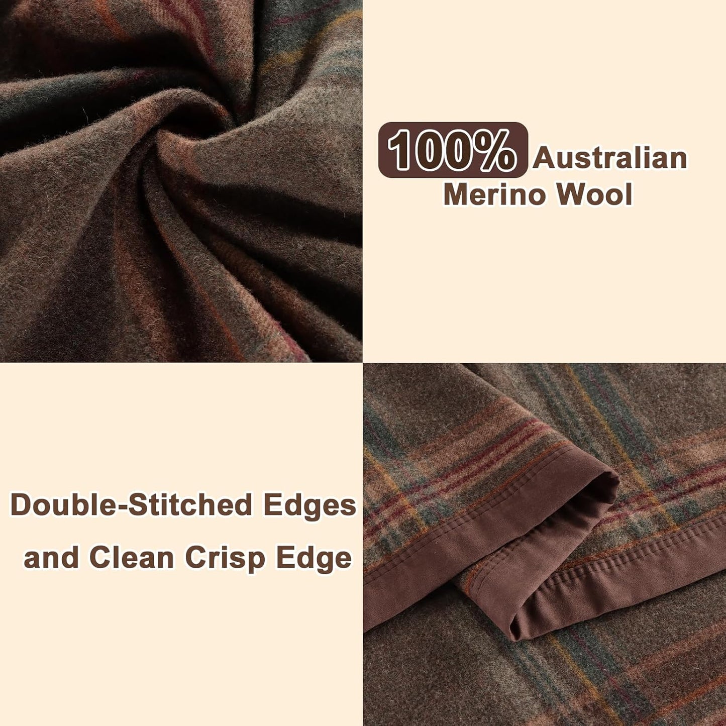 YOUR MOON 100% Pure Merino Wool King Size, Australian Organic Natural Wool Blanket, Hypoallergenic Wool Blanket for Bed, Medium Weight(Plaid Brown, 90 * 108)
