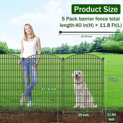 No Dig Decorative Garden Fence 5 Panels with Gate, 40 in (H) x 11.8 ft (L), Dog Fence Outdoor for Yard，Rustproof Metal Animal Barrier Ground Stakes Fencing for Garden, Patio, Flower Bed