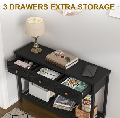 47" Console Table with 3 Drawers, Fluted Narrow Long Entryway Table with Storage Shelf, Accent Table for Entryway, Living Room, Behind Couch, Foyer, Hallway, Office