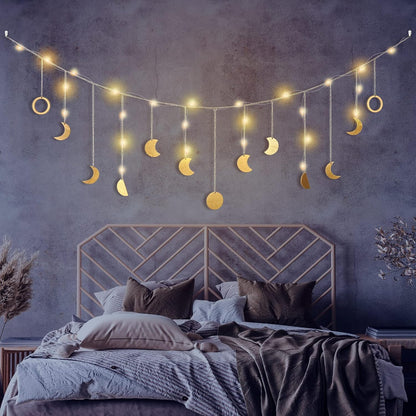 Moon Phase Wall Decor with LED String Light, 13 Gold Wood Boho Wall Hanging Decor Mood Garland 56'' - Celestial Phases Moon Decor in Bohemian Style for Bedroom Home Living Room